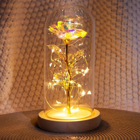 Rose en dôme de verre, plaquée or rose Galaxy 24 carats avec 20 LED lumineuses
