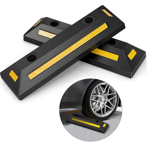 GOPLUS Lot de 2 Butées de Roue pour Stationnement De Véhicule, Caoutchouc Durable et Robuste, Bandes Réfléchissantes, Intérieur Extérieur, pour Pneus de Voiture, Camion, Camionnettes, pour Garage (1/5)