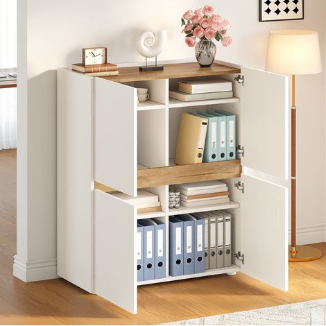 MODFU – Credenza alta 90x40x110 cm con 4 ante, 8 scomparti e 4 ripiani regolabili per salotto, ufficio o ingresso – Bianco/rovere (1/5)