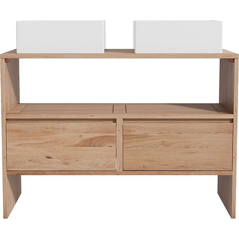 Meuble de salle de bain en chêne massif avec vasque à poser carrée - Naturel clair - 110 cm - CAVIZO (1/4)