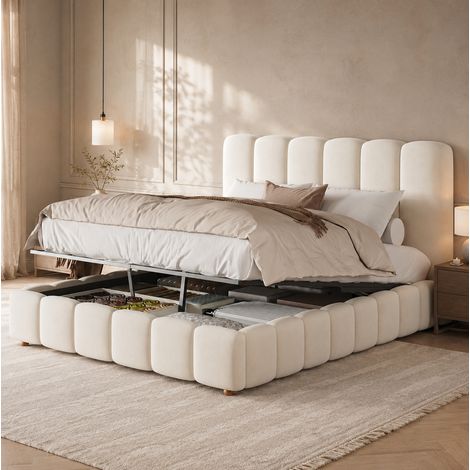 Cama doble 140/190 cm beige de terciopelo con canapé hidráulico y somier de láminas (1/5)