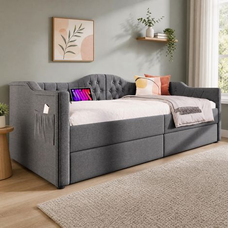 DESMIU Lit banquette 90 × 190 cm 1 place avec USB, Type-C, 2 tiroirs, sans matelas, gris lin (1/5)