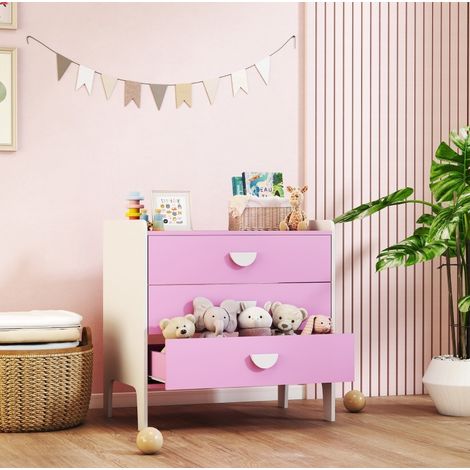 Commode enfant 3 tiroirs rose et blanc en bois MDF, meuble de rangement pratique pour vêtements, jouets et livres, stable pour chambre bébé CHICFURN (1/5)