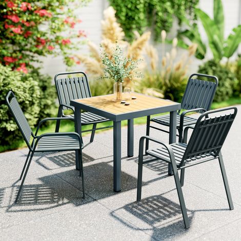 Ensemble de 4 chaises de jardin empilables avec dossier haut et accoudoirs, structure en acier, 56 x 66 x 91 cm, grises (1/5)