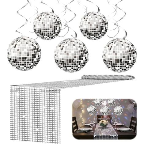 Chemin de table disco argenté 28x275 cm, avec 6 boules miroir et paillettes. Idéal pour fête années 70-80, mariage, anniversaire ou (1/5)