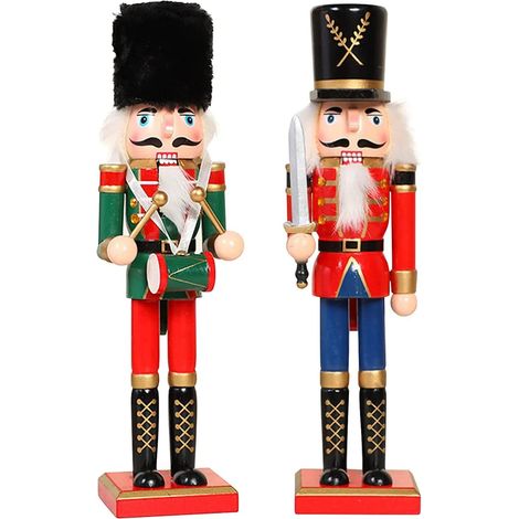 2 Pièces Soldats Casse-Noisette en Bois, 2 Styles 30CM Chiffres de Casse-Noisette Traditionnels de Noël Soldat Peint en Bois de Pin de Qualité Supérieure pour Décoration (Tambour & Épée) (1/5)