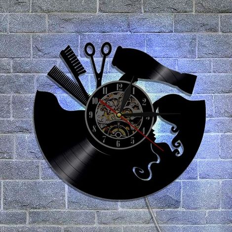 Horloge murale en vinyle sur le thème des salons de coiffure, avec veilleuse LED. Fonctionne comme une horloge murale. (1/5)