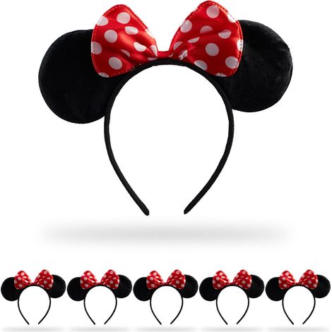 Relaxdays Mouse Headband, Set of 6, Ears & Dotted Bow, Head Decor, Costume Accessory, for Fancy Dress Parties, Black/Red