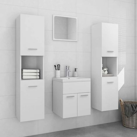 Ensemble meuble salle de bain avec lavabo et miroir, blanc, 5 pièces, aggloméré - PANGIVO (1/5)