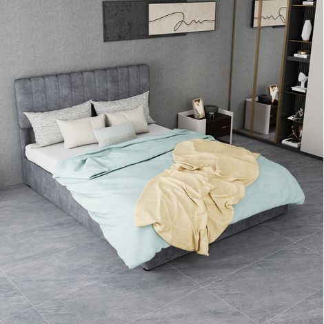 Cama tapizada 140x200 cm, estilo moderno, tejido de terciopelo holandés, estructura de madera y metal, gris (1/5)