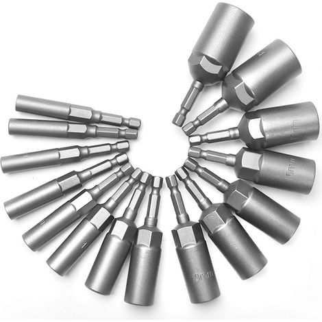Set di bussole a testa profonda da 15 pezzi, adattatore esagonale da 5,5-19 mm, profondità di taglio di 34 mm, bussola esagonale per cacciavite, avvitatore a impulsi, chiave a bussola (15) (1/4)