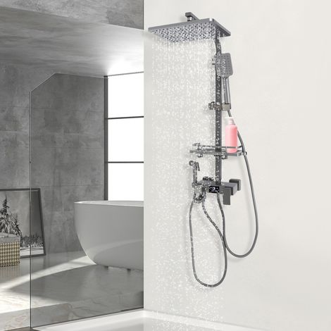 Duschsystem, Regendusche Set mit Digitale Bildschirm Handbrause Duscharmatur Einstellbarer Höhe 75cm-120cm Hochdruck-Spritzpistole Duschset Edelstahl Duschpaneel (1/5)