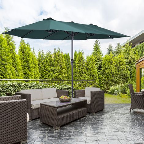 Parapluie de jardin double en acier vert foncé avec manivelle, avec pied en croix et poids, 460 x 270 cm (1/5)