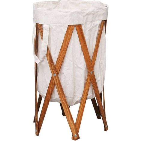 Panier à linge pliable, en bois beige et tissu (1/5)