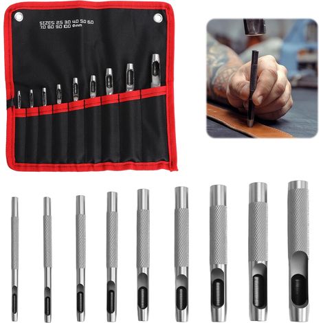 9 pièces Emporte-pièce à frapper – Ensemble d’emporte-pièces ronds en acier, outils de perforation pour cuir, tissu, caoutchouc et papier, avec pochette en toile pratique pour atelier et bricolage (1/5)