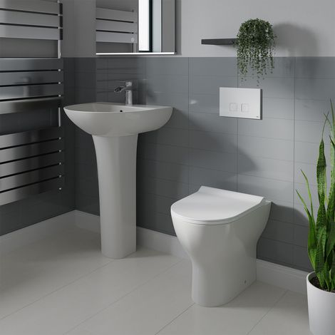 Wholesale Domestic Bailey 550mm Full Pedestal Basin and Back to Wall Toilet Suite with High In Wall Concealed Cistern and White Flush Plate (1/5)