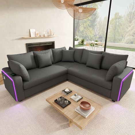 Canapé d'angle L gris 5 places avec LED, charge USB, poche latérale et coussins épais, pour salon ou chambre, Velours côtelé (1/5)