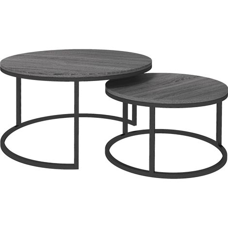 Juego de 2 mesas de centro redondas con efecto madera y mesa auxiliar apilable con estructura de metal, con capacidad de hasta 50 kg, ideales para salón, apartamento y oficina. (1/5)