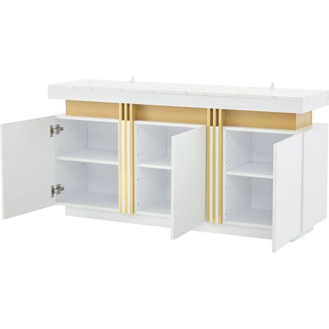 Buffet moderne blanc 140 x 38 x 70 cm, 3 portes, meuble de salle à manger avec séparateurs réglables, parfait pour cuisine, salon, salle à manger, entrée, finitions platine, larges rangements sans poi (1/5)