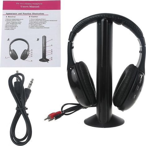 Casque stéréo sans fil 5 en 1 avec émetteur, radio FM, compatible TV, DVD, MP3 et PC (lecteur de jeux vidéo). (1/5)