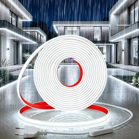 Ruban LED COB 220V 20M Blanc Froid 6000K Exterieur Etanche IP65 Bande Flexible Découpable Autocollant Bande LED 320LEDs/M CRI90+ Avec Interrupteur et Cordon D'Alimentation pour Chambre, Piscine (1/5)