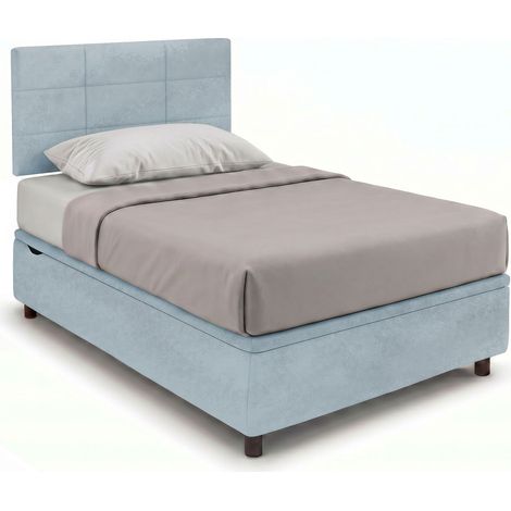 Letto 1 Piazza e Mezza Contenitore Imbottito 120x190 cm Microfibra Azzurro Boxmax Testata Square (1/5)