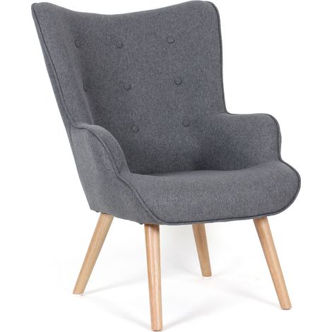 Fauteuil en tissu gris avec les pieds en bois naturel, modèle Sérénité (1/5)