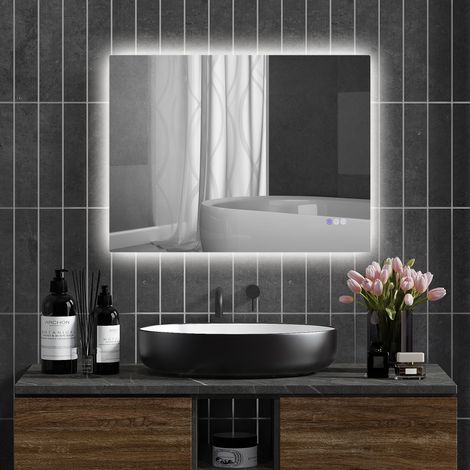 Espejo de baño con luz LED de 80x60 cm, espejo de baño retroiluminado reversible con marco, antivaho, 3 temperaturas de color, regulable, con memoria, fabricado en vidrio y aleación de aluminio. (1/5)