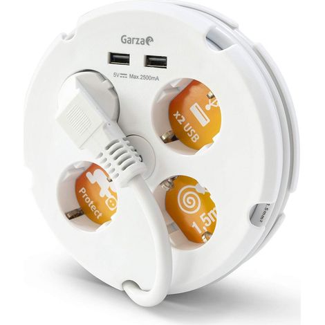 Multiprise circulaire 4 prises + 2 ports USB, multiprise de 1,5 mètre, avec interrupteur et protège-câble, câble H05W-F 3G, blanc (1/4)