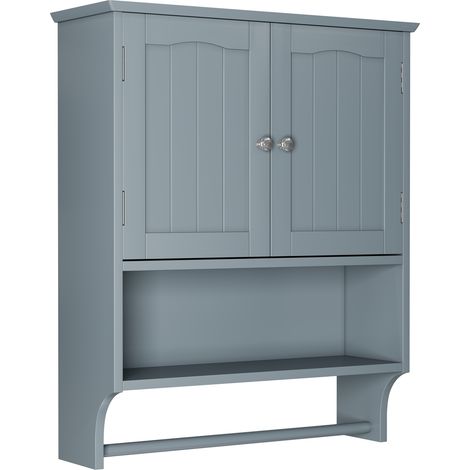 Armoire de salle de bain murale grise avec porte-serviettes, 2 portes et étagères ouvertes, rangement multifonction (1/5)
