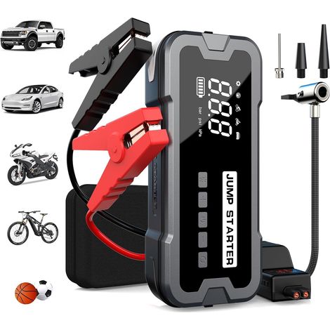 Booster Batterie Voiture avec Gonfleur 160PSI, 12V Demarreur Batterie Voiture (Essence et Diesel Jusqu’à 12 L), 6000A avec câbles de démarrage, Lampe LED 600 lumens et écran LCD (1/5)