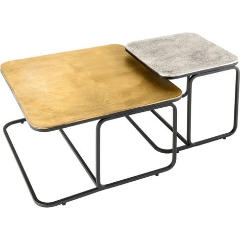 Lot de 2 mesas bajas nido METRIX cuadradas doradas y plateadas – Mesas bajas de diseño apilables en metal