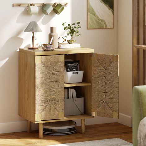 Buffet bohème 2 portes 60x40x78 cm avec corde tressée à la main, étagère réglable à ouverture de pression en chêne