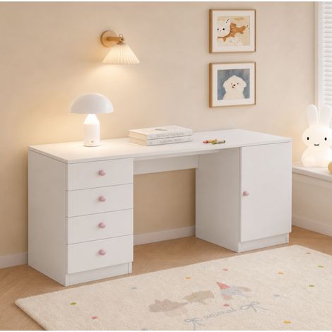 Escritorio infantil 155x45x74 cm con 4 cajones y estante, almacenaje integrado, MDF blanco, tiradores rosa (1/5)