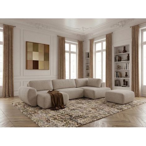 BOBOCHIC - Canapé panoramique convertible coffre DENISE tissu texturé avec pouf Angle gauche  Beige