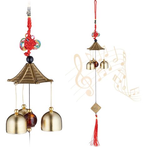 Relaxdays Set 2 Campane Vento Feng Shui Campanelli Acchiappasogni, Scacciapensieri da Esterni e Interni, Dorato Rosso