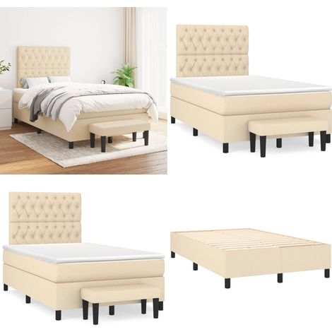 Sommier à lattes de lit avec matelas Crème 120x200 cm Tissu - Lit Plateforme - Lit Double - Matelas À Ressorts Ensachés - Têtière Ajustable - Banc Rangement - Home & Living
