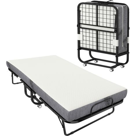 Lit pliant 1 personne 200 x 80 cm avec matelas, lit d'appoint pliable et portable sur roulettes, cadre en acier, blanc