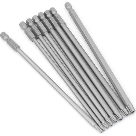Lot de 8 embouts Torx longs - 1/4" - Magnétiques - Tête d\'étoile - 150 mm de long - Tige hexagonale - Jeu d\'outils électriques Torx (8 pièces de 150 mm)-INHHUB (1/5)