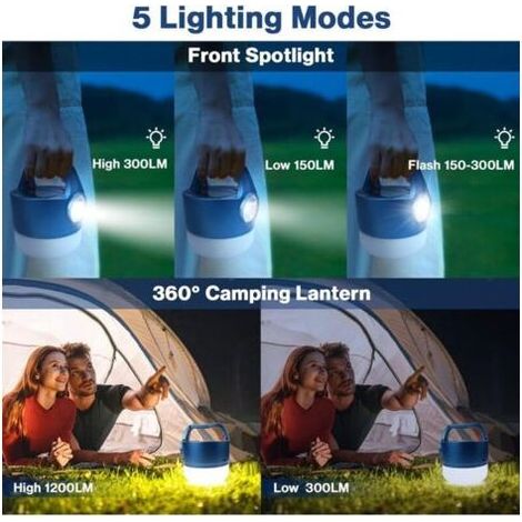 USB- oder solarbetriebene, wiederaufladbare LED-Laterne, 2400 mAh Campinglampe, 5 Modi, wasserdicht, tragbar, Hängelampe für Camping, Lesen, Heimwerken, Notdienste, Garage, Keller [Energieklasse B] NP (1/4)
