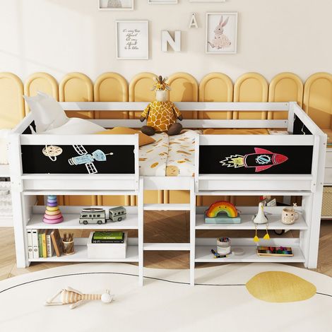 Lit mi‑hauteur 90x200 cm avec étagères de rangement et échelle – lit enfant en bois blanc minimaliste (1/5)