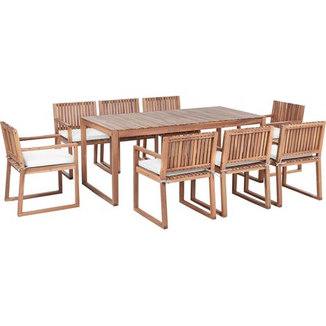Conjunto de comedor exterior 8 plazas rústico de madera de acacia certificada mesa y sillas con cojines blanco crema Sassari II