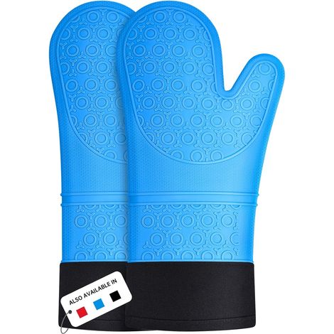 Gants de cuisine, gants de cuisine en silicone résistant à la chaleur, extra longs et antidérapants (bleus, 1 paire) (1/5)