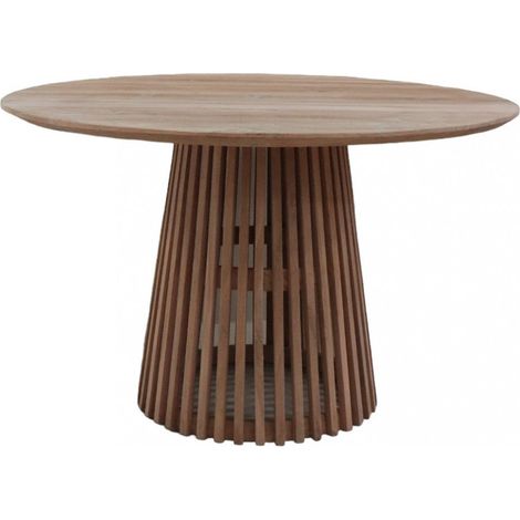 Tavolo tondo 120 cm da esterno in legno teak con piede centrale decorato a doghe (1/3)