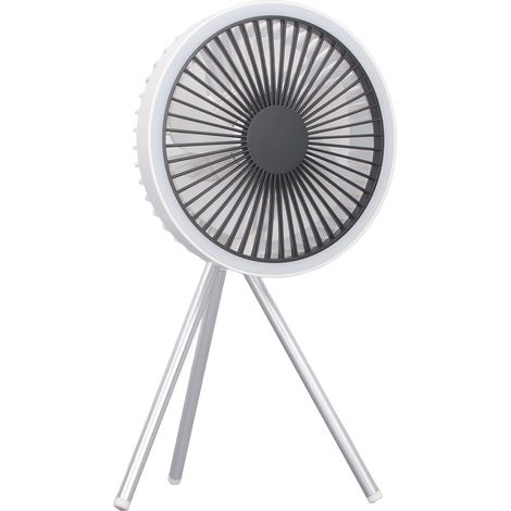 Ventilateur de bureau trépied avec lumière, rechargeable par USB, 3 vitesses réglables, portable, à suspendre sous tente, pour l'intérieur, l'extérieur et le camping (blanc). (1/5)