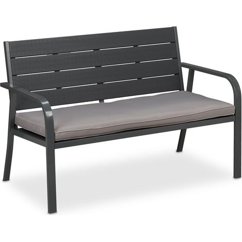 Relaxdays Gartenbank mit Sitzkissen, Holzoptik, HBT: 78 x 118 x 66 cm, 2-Sitzer, stabile Balkonbank, Sitzbank, grau