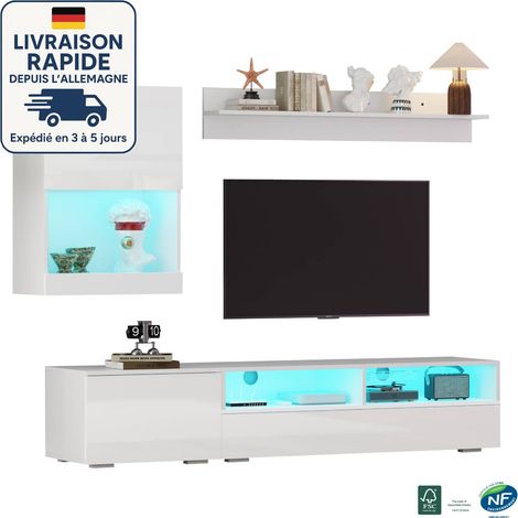 Set di unità da parete per TV - Supporto TV + Mobiletto da parete + Mensola da parete, LED e bianco