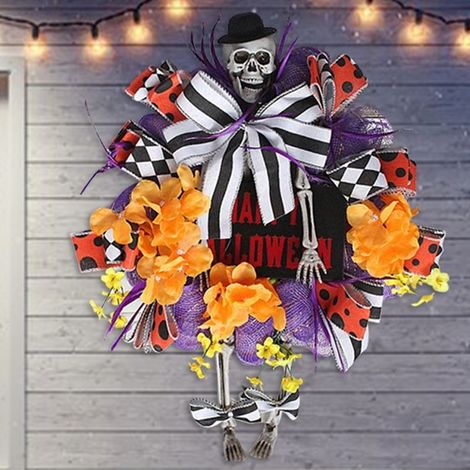 Couronne D'Halloween pour Porte D'EntréE, Couronne en D'Halloween, Citrouille et Squelette Humain avec Jambes, DéCoration Amusante (1/5)