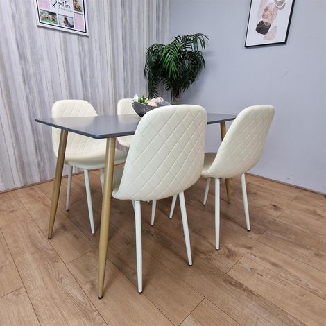 Wooden Rectangle Dining Table Set Grey Table with 4 Cream Gem Patterned Chairs (1/5)