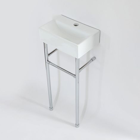 Milano Elswick White Ceramic Bathroom Basin Sink with One Tap Hole and Chrome Washstand - 360mm x 250mm (1/4)
